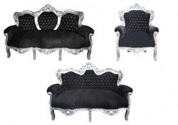 Casa Padrino Baroque Living Room Set King Black / Silver - 3-Seater Sofa, 2-Seater Sofa and 1 Armchair Casa Padrino Baroque Living Room Set King Black / Silver - 3-Seater Sofa, 2-Seater Sofa and 1 Armchair