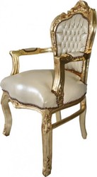 Silla de comedor Casa Padrino barroca con cuero apoyabrazos crema mirada / oro - Muebles