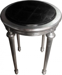 Casa Padrino Mesa Auxiliar Barroca Redonda Plata/Negro con Tablero de Mármol - 72 x 49 cm - Mueble de Estilo Antiguo