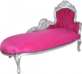 Casa Padrino Chaise Longue Baroque King, Velours Rose et Argent avec Strass, 155 x 70 x 100 cm Casa Padrino Chaise Longue Baroque King, Velours Rose et Argent avec Strass, 155 x 70 x 100 cm