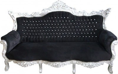 Casa Padrino Canapé Baroque Master Noir / Argent avec Strass Bling Bling, 210 x 135 x 90 cm Casa Padrino Canapé Baroque Master Noir / Argent avec Strass Bling Bling, 210 x 135 x 90 cm