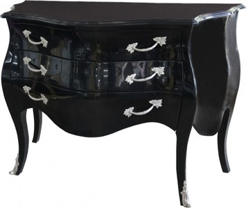 Casa Padrino Baroque Commode High Gloss Black 122 cm with silver metal applications - antique style Casa Padrino Baroque Commode High Gloss Black 122 cm with silver metal applications - antique style