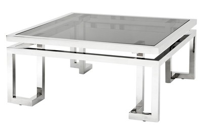 Casa Padrino Luxury Art Deco Designer Coffee Table in Polished Stainless Steel and Smoked Glass, 100 x 100 x 45 cm Casa Padrino Luxury Art Deco Designer Coffee Table in Polished Stainless Steel and Smoked Glass, 100 x 100 x 45 cm