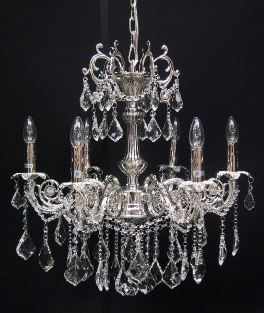 Casa Padrino Barock Kristall Kronleuchter 6-Flammig Silber - Hängeleuchte Lüster Hängelampe Deckenlampe Casa Padrino Barock Kristall Kronleuchter 6-Flammig Silber - Hängeleuchte Lüster Hängelampe Deckenlampe