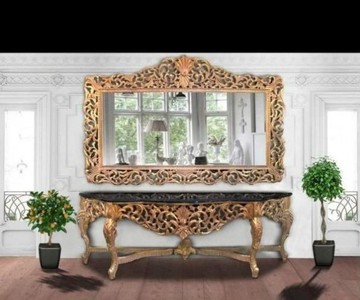 Casa Padrino Console Miroir Baroque Or avec Plateau en Marbre Noir, 285 x 100 x 55 cm Casa Padrino Console Miroir Baroque Or avec Plateau en Marbre Noir, 285 x 100 x 55 cm