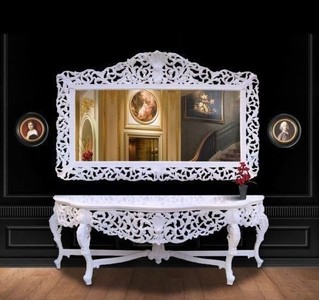 Casa Padrino Console Miroir Baroque Blanche avec Plateau en Marbre Blanc, Bois Massif, L 285 x H 100 x P 55 cm Casa Padrino Console Miroir Baroque Blanche avec Plateau en Marbre Blanc, Bois Massif, L 285 x H 100 x P 55 cm