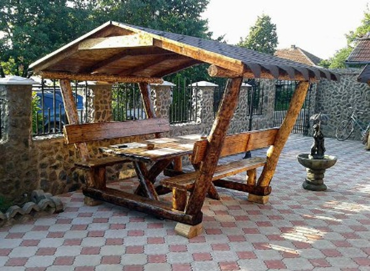 Casa Padrino Rustic gazebo with table and 2 garden benches - solid oak - Covered garden furniture set real wood solid Casa Padrino Rustic gazebo with table and 2 garden benches - solid oak - Covered garden furniture set real wood solid