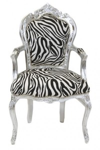 Casa Padrino Baroque Dinner Chair Zebra / Silver with armrests Casa Padrino Baroque Dinner Chair Zebra / Silver with armrests