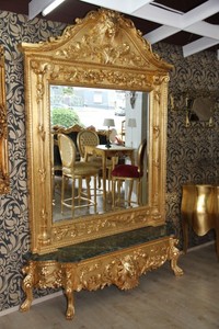 Casa Padrino Console Miroir Baroque de Luxe Gold Lion, Bois Massif Or avec Marbre Vert, 185 x 45 x 275 cm Casa Padrino Console Miroir Baroque de Luxe Gold Lion, Bois Massif Or avec Marbre Vert, 185 x 45 x 275 cm