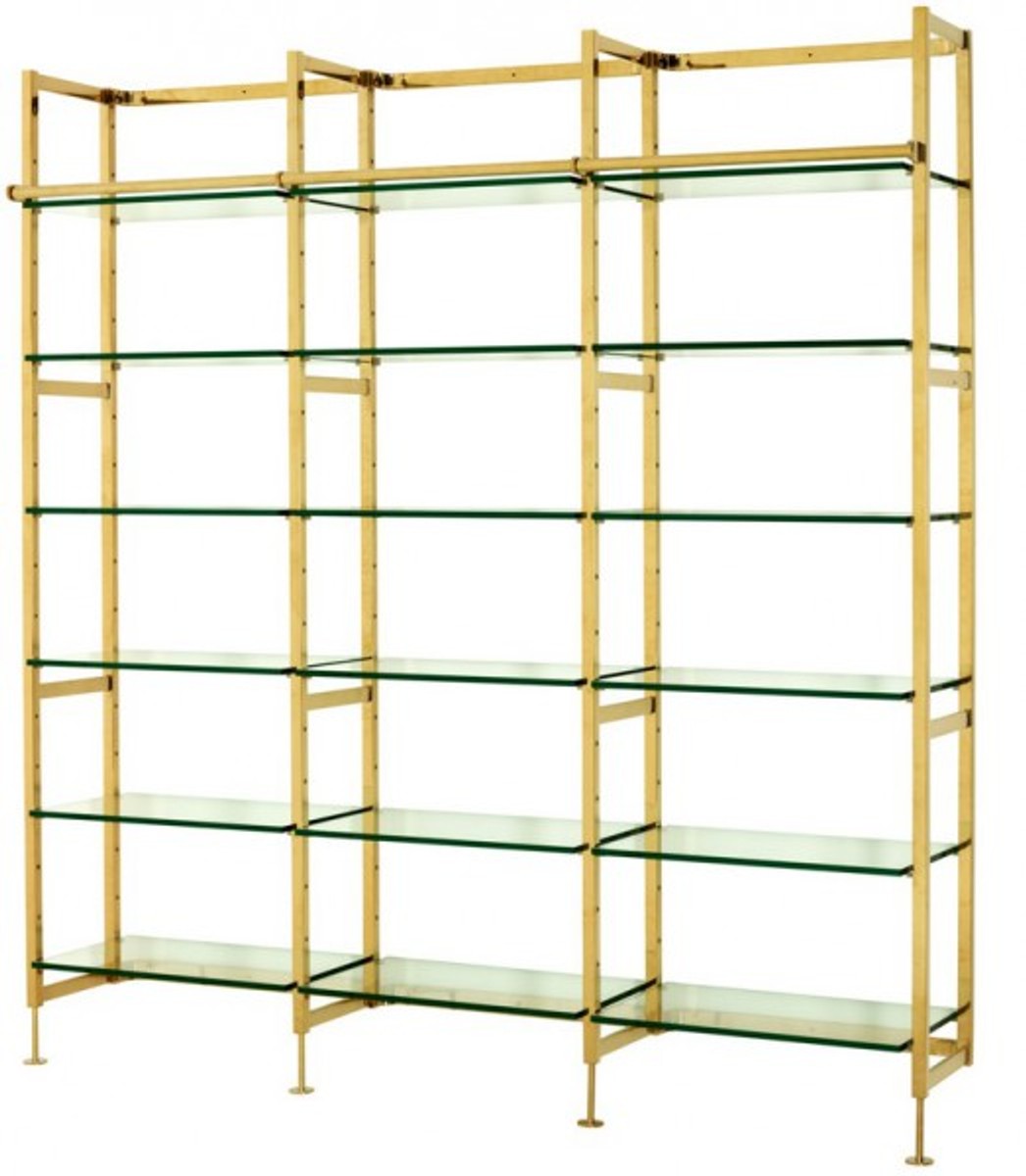 Casa Padrino luxury Shelving cabinet stainless steel gold with glass shelves B 223 x H 245 cm bookcase shelving cabinet - Art Deco Furniture Casa Padrino luxury Shelving cabinet stainless steel gold with glass shelves B 223 x H 245 cm bookcase shelving cabinet - Art Deco Furniture