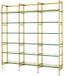 Casa Padrino Luxus Regal Schrank Edelstahl Gold mit Glasböden B 223 x H 245 cm Bücherregal Regal Schrank - Art Deco Möbel