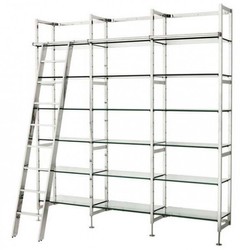 Casa Padrino Lussuosa Libreria in Acciaio Inox Lucidato con Ripiani in Vetro e Scala Argento L 223 x A 245 cm - Mobile Art Déco