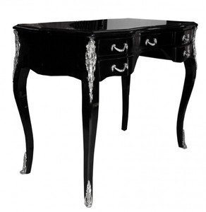 Casa Padrino Luxus Barock Schreibtisch in Schwarz Hochglanz und Silber, 100 x 58 x 80 cm, handgefertigter Sekretär
