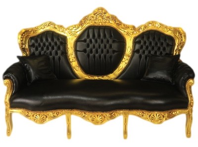 Casa Padrino Divano Barocco 3 posti King similpelle nera / oro - Mobile di lusso 180 x 120 x 70 cm Casa Padrino Divano Barocco 3 posti King similpelle nera / oro - Mobile di lusso 180 x 120 x 70 cm
