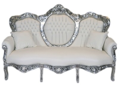 Casa Padrino Divano Barocco 3 Posti King Ecopelle Bianca / Argento - Mobile di Lusso in Legno Massello 180 x 120 x 70 cm Casa Padrino Divano Barocco 3 Posti King Ecopelle Bianca / Argento - Mobile di Lusso in Legno Massello 180 x 120 x 70 cm