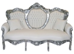 Casa Padrino Sofá Barroco 3 Plazas King Piel Sintética Blanca / Plata - Mueble de Lujo Madera Maciza 180 x 120 x 70 cm Casa Padrino Sofá Barroco 3 Plazas King Piel Sintética Blanca / Plata - Mueble de Lujo Madera Maciza 180 x 120 x 70 cm