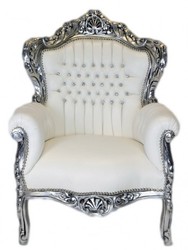 Casa Padrino Baroque Armchair King White Faux Leather / Silver with Bling Bling Rhinestones 120 x 85 x 85 cm