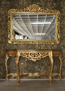 Casa Padrino Console Miroir Baroque en Or avec Plateau en Marbre Vert, 170 x 88 x 47 cm Casa Padrino Console Miroir Baroque en Or avec Plateau en Marbre Vert, 170 x 88 x 47 cm