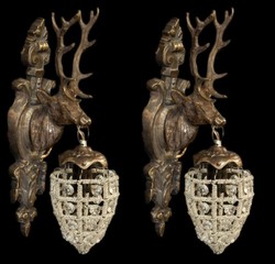 Casa Padrino Juego de Apliques de Pared Barrocos Ciervo 1-Luz Oro Antiguo, 2 Piezas - Lámpara de Pared Madera Metal Vidrio