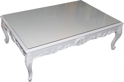 Casa Padrino Baroque Coffee Table High-Gloss White 120 x 85 cm - Living Room Table - Solid Wood with Glass Top Casa Padrino Baroque Coffee Table High-Gloss White 120 x 85 cm - Living Room Table - Solid Wood with Glass Top