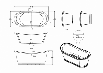 Casa Padrino Luxus Badewanne freistehend im Retro Stil Weiß 1650 x 705 x 710 mm