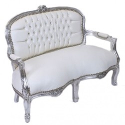 Casa Padrino Panca barocca per bambini similpelle bianca / argento stile antico 90 x 38 x 67 cm