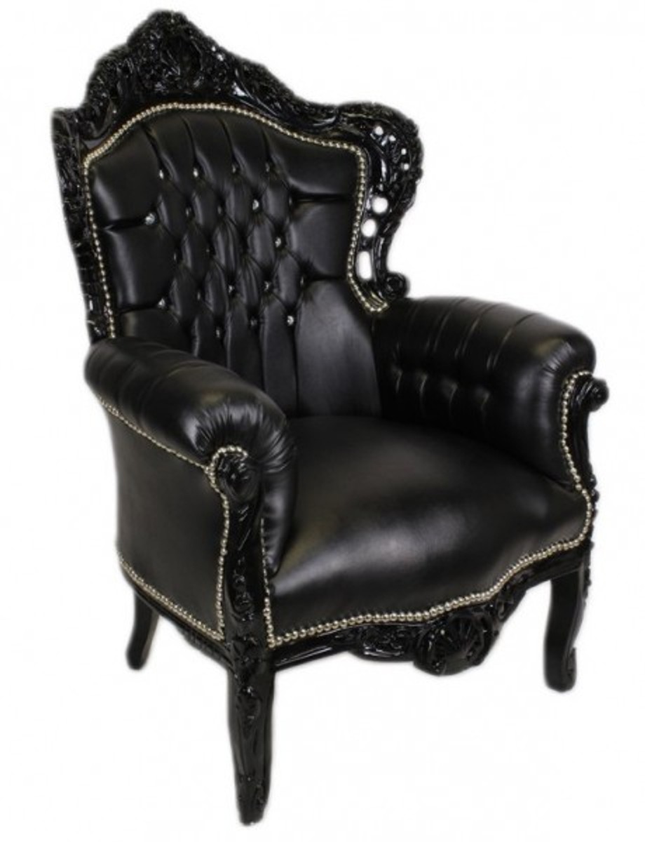 Casa Padrino Baroque Armchair "King" Black / Black Leatherlook Bling Bling rhinestones Casa Padrino Baroque Armchair "King" Black / Black Leatherlook Bling Bling rhinestones
