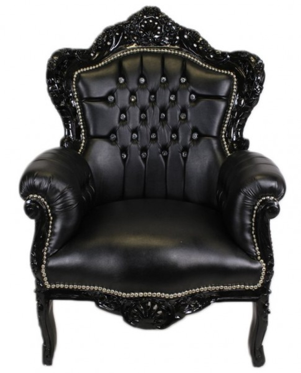 Casa Padrino Baroque Armchair "King" Black / Black Leatherlook Bling Bling rhinestones Casa Padrino Baroque Armchair "King" Black / Black Leatherlook Bling Bling rhinestones