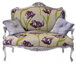 Casa Padrino Panca Barocca Crema con Motivo Floreale e Argento, Legno Massello, 130 x 110 x 55 cm
