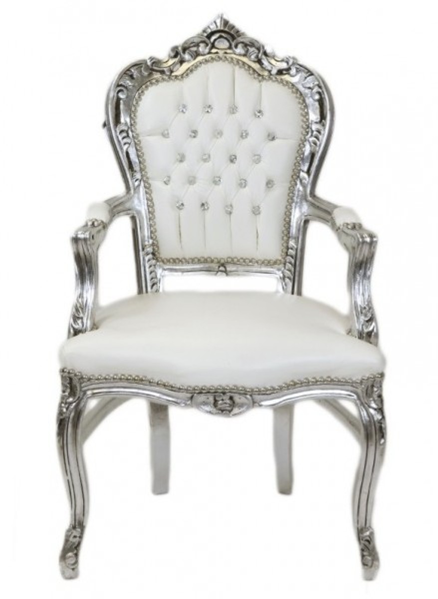 Casa Padrino Barock Esszimmer Stuhl Weiß Silber mit Armlehnen Bling Bling Glitzersteine Baroque Arm Chair White Silver Bling Casa Padrino Barock Esszimmer Stuhl Weiß Silber mit Armlehnen Bling Bling Glitzersteine Baroque Arm Chair White Silver Bling