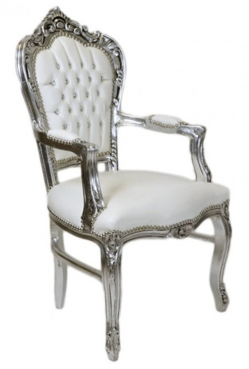 Casa Padrino Barock Esszimmer Stuhl Weiß Silber mit Armlehnen Bling Bling Glitzersteine Baroque Arm Chair White Silver Bling Casa Padrino Barock Esszimmer Stuhl Weiß Silber mit Armlehnen Bling Bling Glitzersteine Baroque Arm Chair White Silver Bling