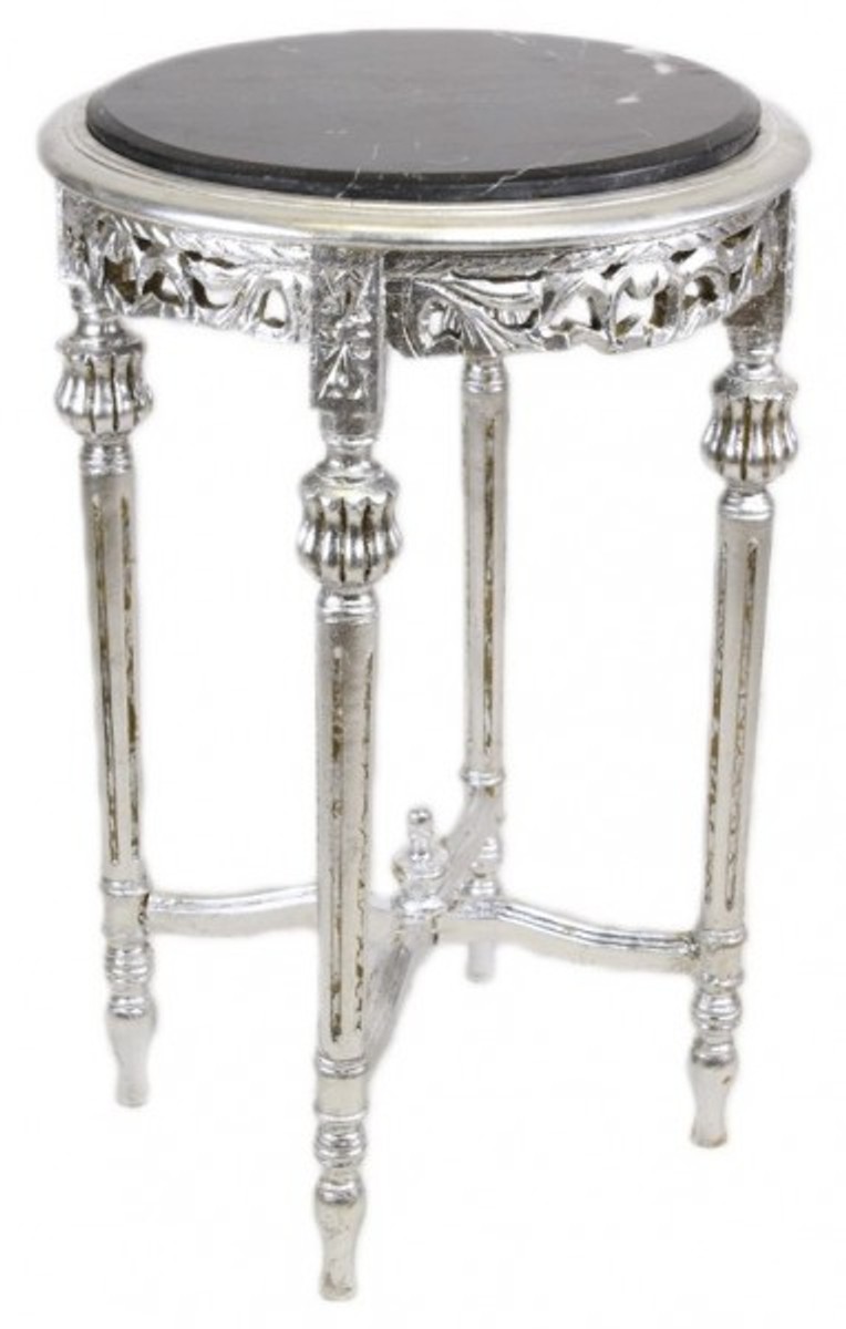 Casa Padrino Baroque table with black marble top round silver 70 x 45 cm antique style - phone flower stand Casa Padrino Baroque table with black marble top round silver 70 x 45 cm antique style - phone flower stand