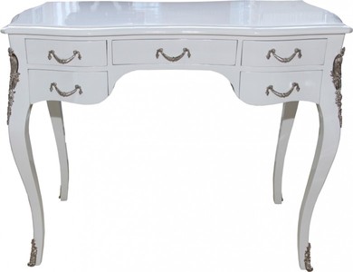 Casa Padrino Escritorio Barroco en Blanco Brillo y Plata - Secretario de lujo con 5 cajones - 100 x 80 x 58 cm