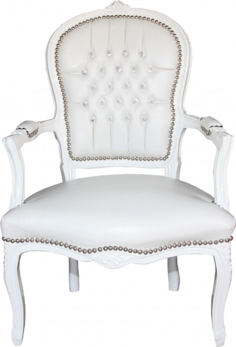 Casa Padrino Baroque Salon Chair White leather-look / white with bling bling rhinestones - furniture antique style Casa Padrino Baroque Salon Chair White leather-look / white with bling bling rhinestones - furniture antique style