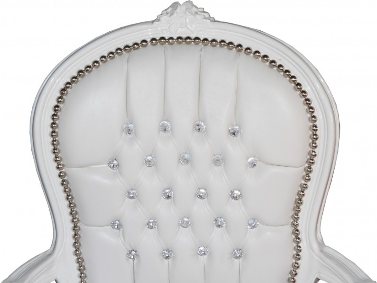 Casa Padrino Baroque Salon Chair White leather-look / white with bling bling rhinestones - furniture antique style Casa Padrino Baroque Salon Chair White leather-look / white with bling bling rhinestones - furniture antique style