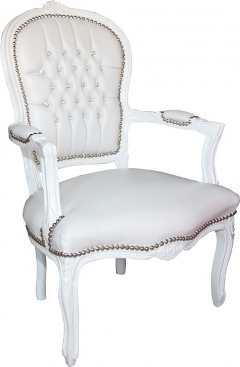 Casa Padrino Baroque Salon Chair White leather-look / white with bling bling rhinestones - furniture antique style Casa Padrino Baroque Salon Chair White leather-look / white with bling bling rhinestones - furniture antique style