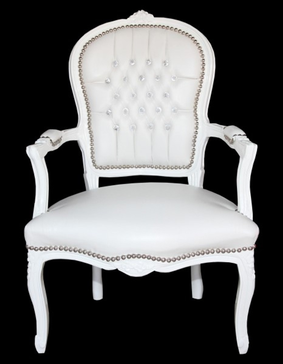 Casa Padrino Baroque Salon Chair White leather-look / white with bling bling rhinestones - furniture antique style Casa Padrino Baroque Salon Chair White leather-look / white with bling bling rhinestones - furniture antique style