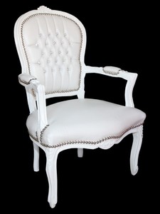 Casa Padrino Baroque Salon Chair White leather-look / white with bling bling rhinestones - furniture antique style Casa Padrino Baroque Salon Chair White leather-look / white with bling bling rhinestones - furniture antique style