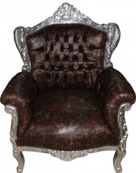 Casa Padrino Sillón Barroco Lord Marrón/Plata Piel Sintética con Motivo de Dragón - Estilo Antiguo - 100 x 78 x 58 cm Casa Padrino Sillón Barroco Lord Marrón/Plata Piel Sintética con Motivo de Dragón - Estilo Antiguo - 100 x 78 x 58 cm