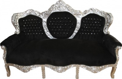Casa Padrino Divano barocco 3 posti King Nero / Argento con strass 184 x 125 x 81 cm Casa Padrino Divano barocco 3 posti King Nero / Argento con strass 184 x 125 x 81 cm