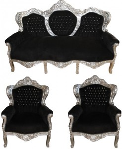 Casa Padrino Barock Wohnzimmer Set King Schwarz / Silber mit Glitzersteinen - 3-er Sofa + 2 Sessel Casa Padrino Barock Wohnzimmer Set King Schwarz / Silber mit Glitzersteinen - 3-er Sofa + 2 Sessel