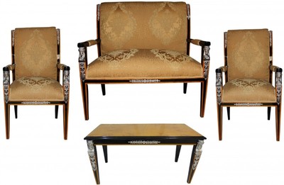 Casa Padrino Barock Empire Salon 4-er Set - Sitzbank, 2 Sessel und Couchtisch - Gold Muster / Schwarz / Mahagoni / Silber Casa Padrino Barock Empire Salon 4-er Set - Sitzbank, 2 Sessel und Couchtisch - Gold Muster / Schwarz / Mahagoni / Silber