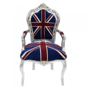 Casa Padrino Baroque Dinner Chair with armrests Union Jack / Silver - antique style Casa Padrino Baroque Dinner Chair with armrests Union Jack / Silver - antique style