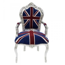 Silla de comedor Casa Padrino barroca con apoyabrazos Union Jack / plata - estilo antiguo Silla de comedor Casa Padrino barroca con apoyabrazos Union Jack / plata - estilo antiguo