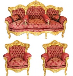 Casa Padrino Barock Sofa Set Bordeaux Muster / Gold - 1 Wohnzimmer Sofa Couch mit 2 Sessel Casa Padrino Barock Sofa Set Bordeaux Muster / Gold - 1 Wohnzimmer Sofa Couch mit 2 Sessel