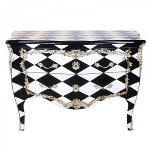 Casa Padrino Baroque Chest of Drawers Black / White Checkered / Silver 130 cm - Handcrafted from Solid Wood