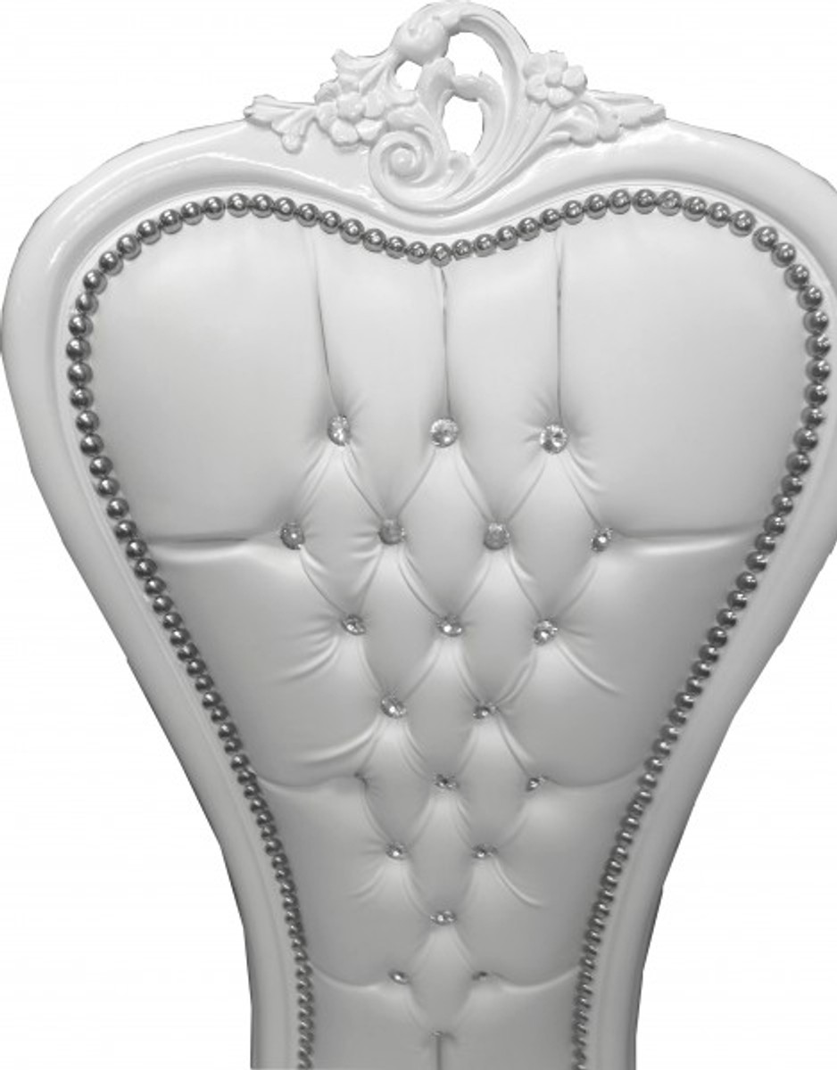 Casa Padrino Barock Thron Stuhl Queen Anne Weiß Lederoptik / Weiß mit Bling Bling Glitzersteinen - Hochlehnstuhl