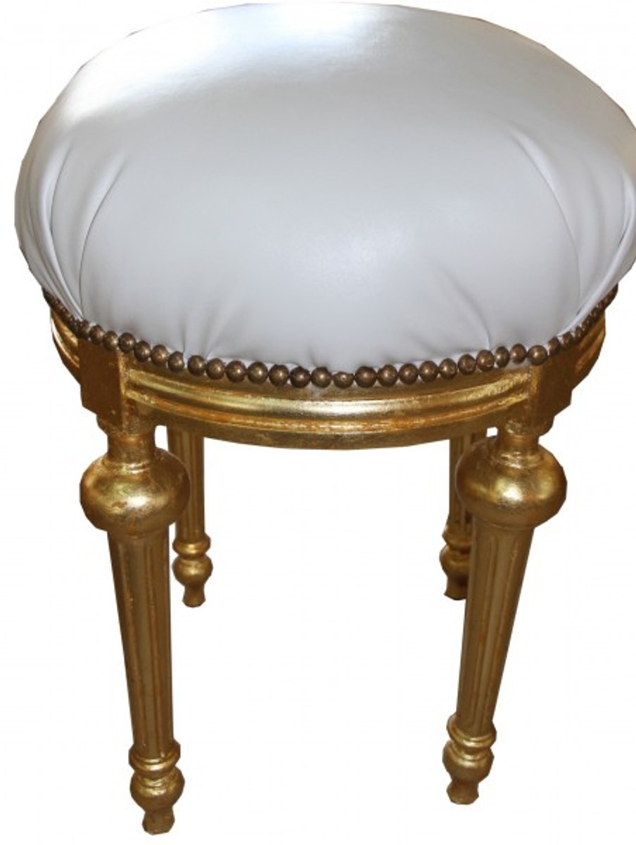 Casa Padrino Barock Sitzhocker - Rundhocker Weiß Lederoptik / Gold - Barock Hocker Möbel Casa Padrino Barock Sitzhocker - Rundhocker Weiß Lederoptik / Gold - Barock Hocker Möbel