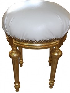 Casa Padrino Barock Sitzhocker - Rundhocker Weiß Lederoptik / Gold - Barock Hocker Möbel Casa Padrino Barock Sitzhocker - Rundhocker Weiß Lederoptik / Gold - Barock Hocker Möbel