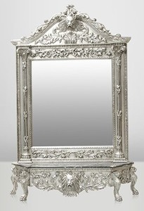 Casa Padrino Console Specchio Barocca di Lusso Argento Leone - Console con Specchio e Testa di Leone in Legno Massello - 185 x 275 x 45 cm Casa Padrino Console Specchio Barocca di Lusso Argento Leone - Console con Specchio e Testa di Leone in Legno Massello - 185 x 275 x 45 cm